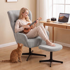 360° drehbarer Loungesessel mit Hocker, höhenverstellbar, Chenille-Bezug, mit Lendenkissen, Cremeweiß