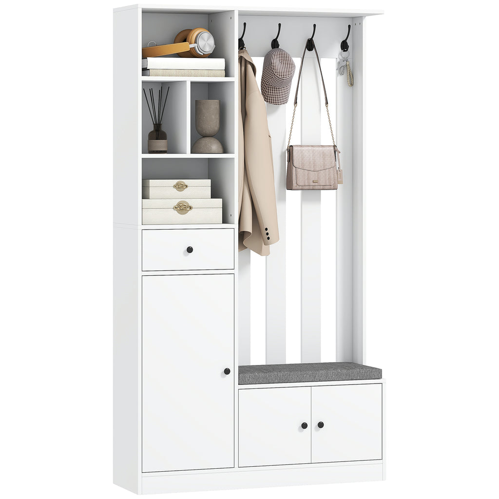 180 cm Garderobenschrank mit Kleiderständer, Schuhbank, 4 Haken, offene Ablageflächen, MDF, Weiß