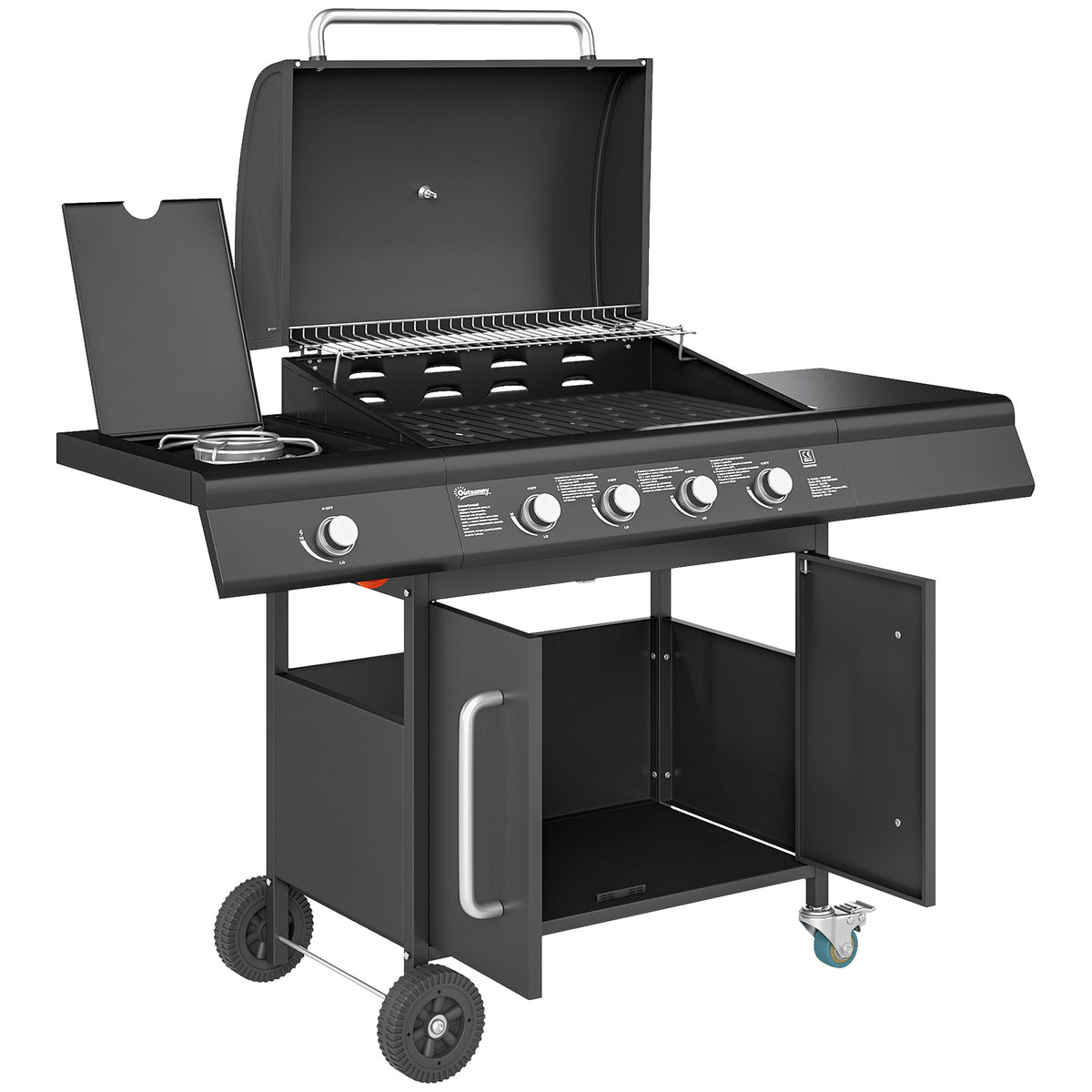Gasgrill 15,2 KW Grillwagen inkl 5 Edelstahl-Brenner Rolle Seitenkocher 129,5 x 56 x 110 cm Schwarz
