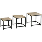 Satztisch-Set aus 3 Beistelltischen, Industrial Design, schwarzer Stahlrahmen, Tischplatte in Holzoptik