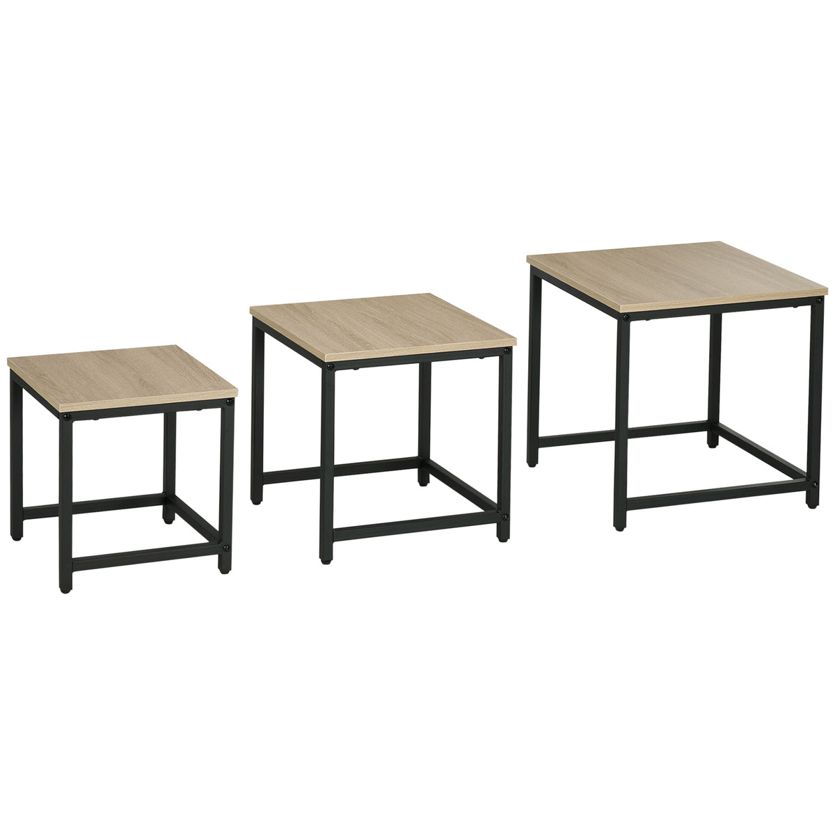 Satztisch-Set aus 3 Beistelltischen, Industrial Design, schwarzer Stahlrahmen, Tischplatte in Holzoptik