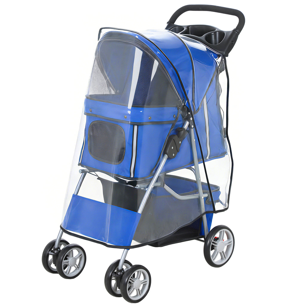 Hundewagen Hundebuggy Faltbar Katzenwagen bis 10kg mit Regenschutz Reflektorstreifen Aufbewahrungskorb 77x44x102cm Blau