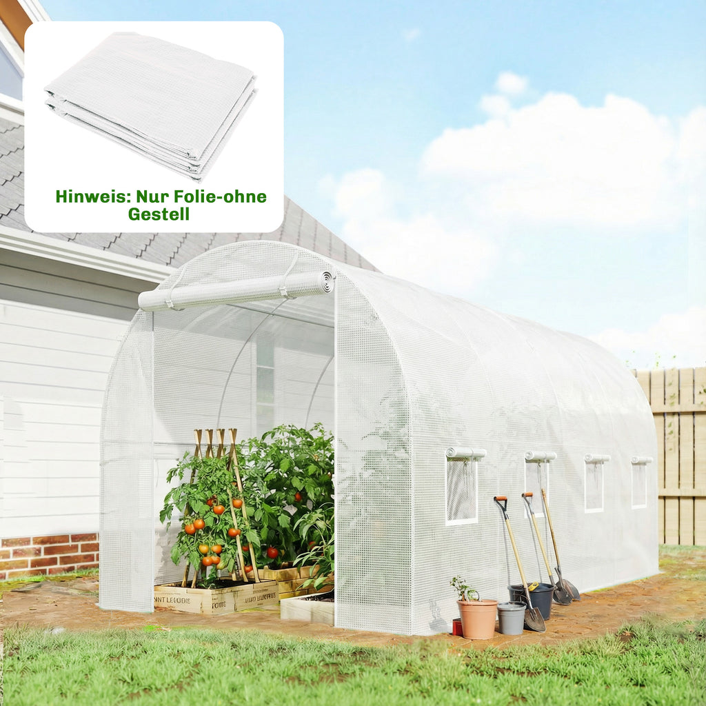 Gewächshausfolie 4 x 2 m, wasserdicht Gartenfolie mit Tür, 8 Fenster, UV Schutz, Reißfest Polyethylen NUR Folie Weiß
