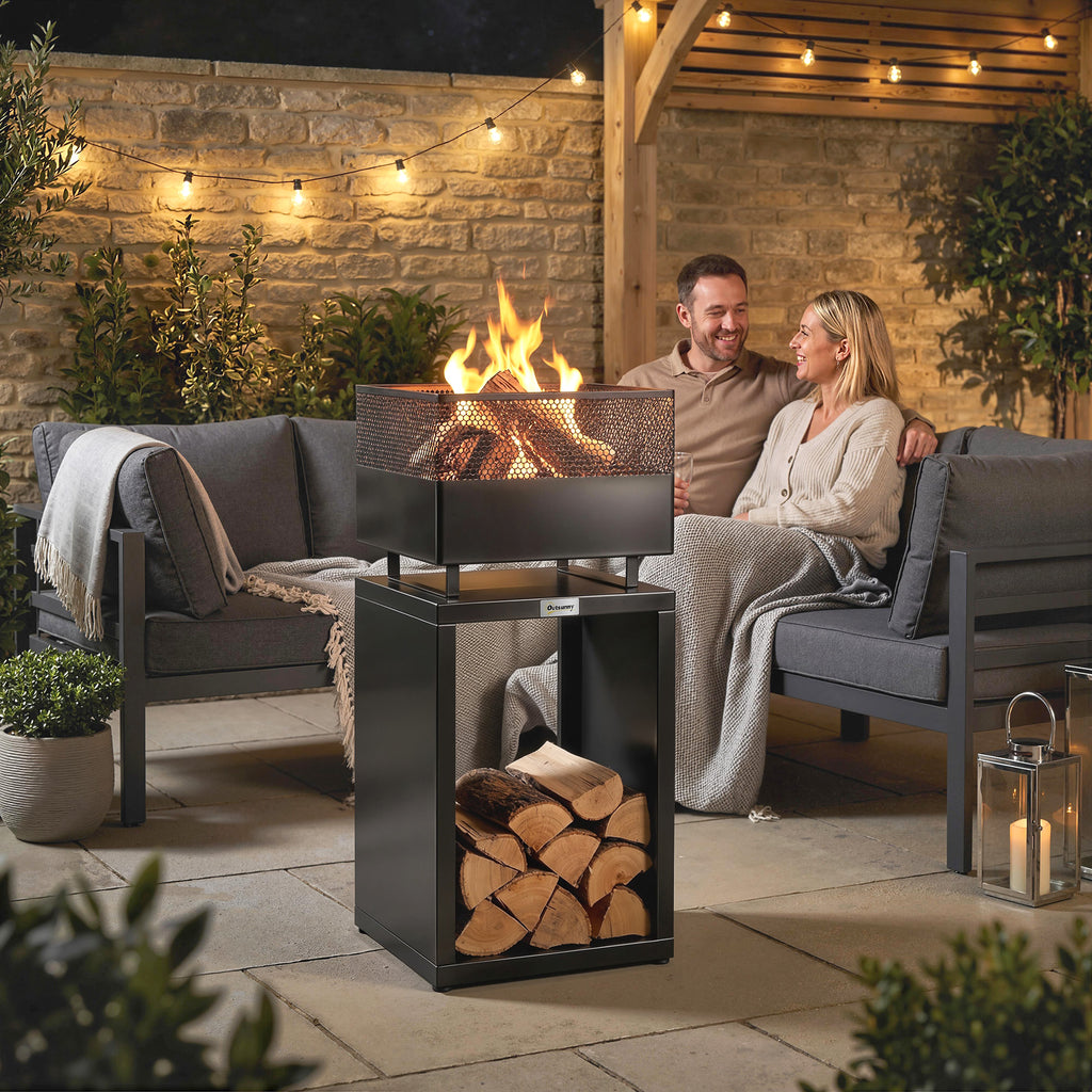 Outdoor Fire Pit with Wood Storage Wood Burning Firepit with Mesh Sides 87 cm Black