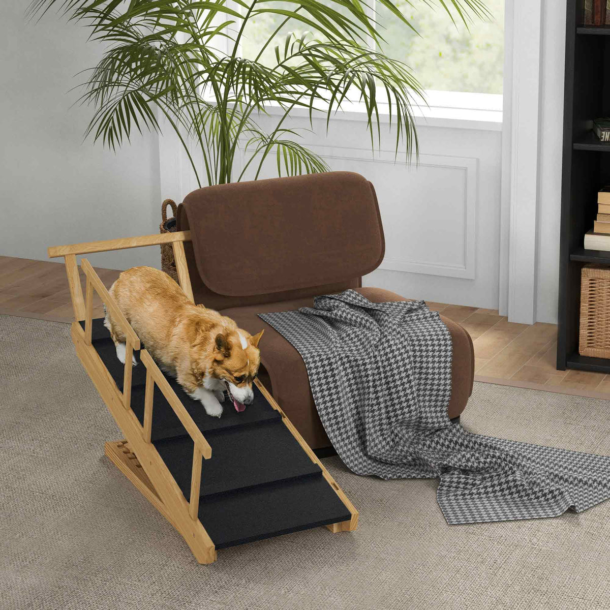 Hunderampe, h?henverstellbar, klappbar, Gel?nder, f¨¹r Hunde bis 40kg, Holzrahmen, 85 x 40 x 61 cm, Schwarz