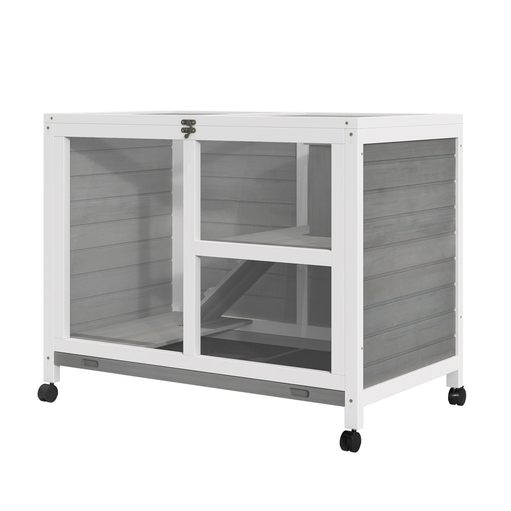 Wooden Rabbit Hutch Indoor with Wheels, Openable Roof, 91.5 x 53.3 x 73 cm, Grey