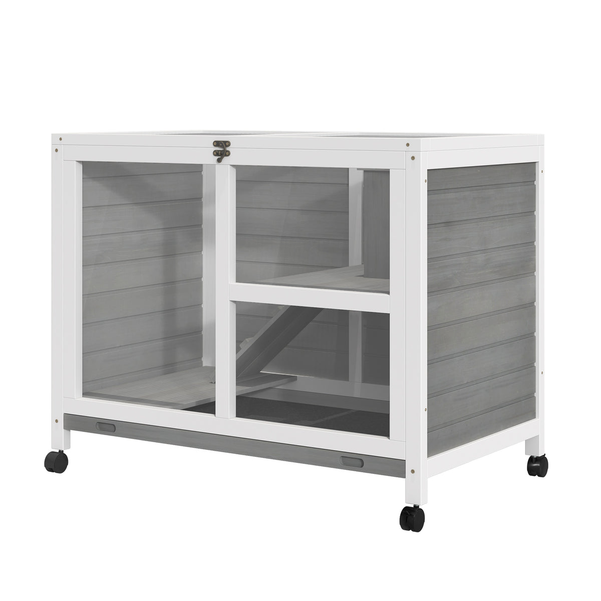 Wooden Rabbit Hutch Indoor with Wheels, Openable Roof, 91.5 x 53.3 x 73 cm, Grey