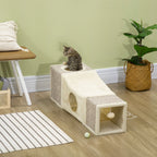 Cat Tunnel, Plush Large Play Tunnel with Two Caves and Hanging Ball, Cream White