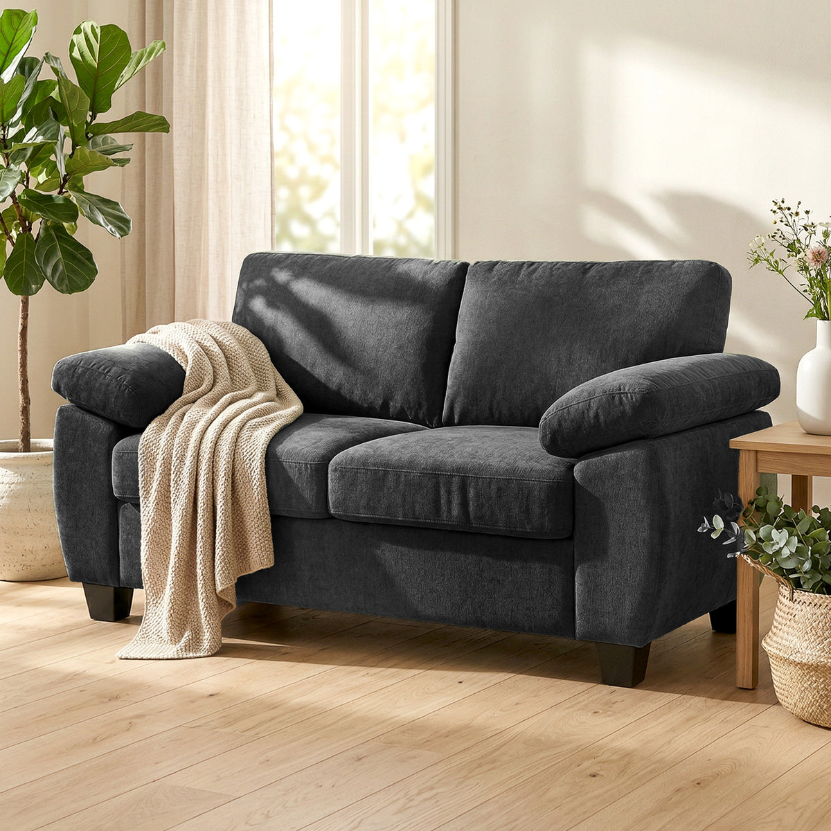 2-Sitzer-Sofa, 156 cm Chenille-Sofa mit dicken Federkernpolstern, breiten gepolsterten Armlehnen, 300 kg Tragkraft, Dunkelgrau
