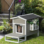 Katzenhaus aus Holz Winterfest wasserdicht Katzenhütte mit Asphaltdach Terrasse Katzenhöhle Katzenkiste Outdoor Schutzhütte für Draußen Garten Balkon 115 x 66,5 x 74,7 cm Grau+Weiß