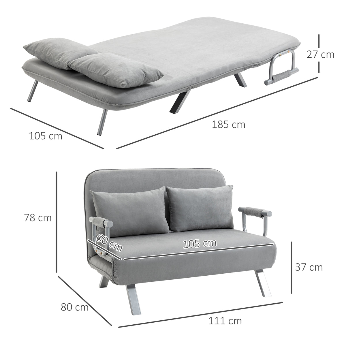 Schlafsofa, Doppelsofa, G?stebett, inklusive 2 Kissen, Grau