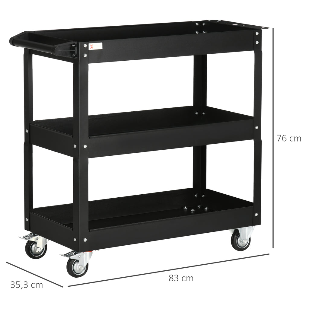 3-stufiger Werkzeugwagen, 4 Rollen, Stahl, 83B x 35,3T x 76H cm, Schwarz