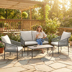 Gartenmöbel Set 4-teilig Polyrattan Lounge-Set mit Zweisitzer 2 Sessel Couchtisch abnehmbar Kissen Bindebändern