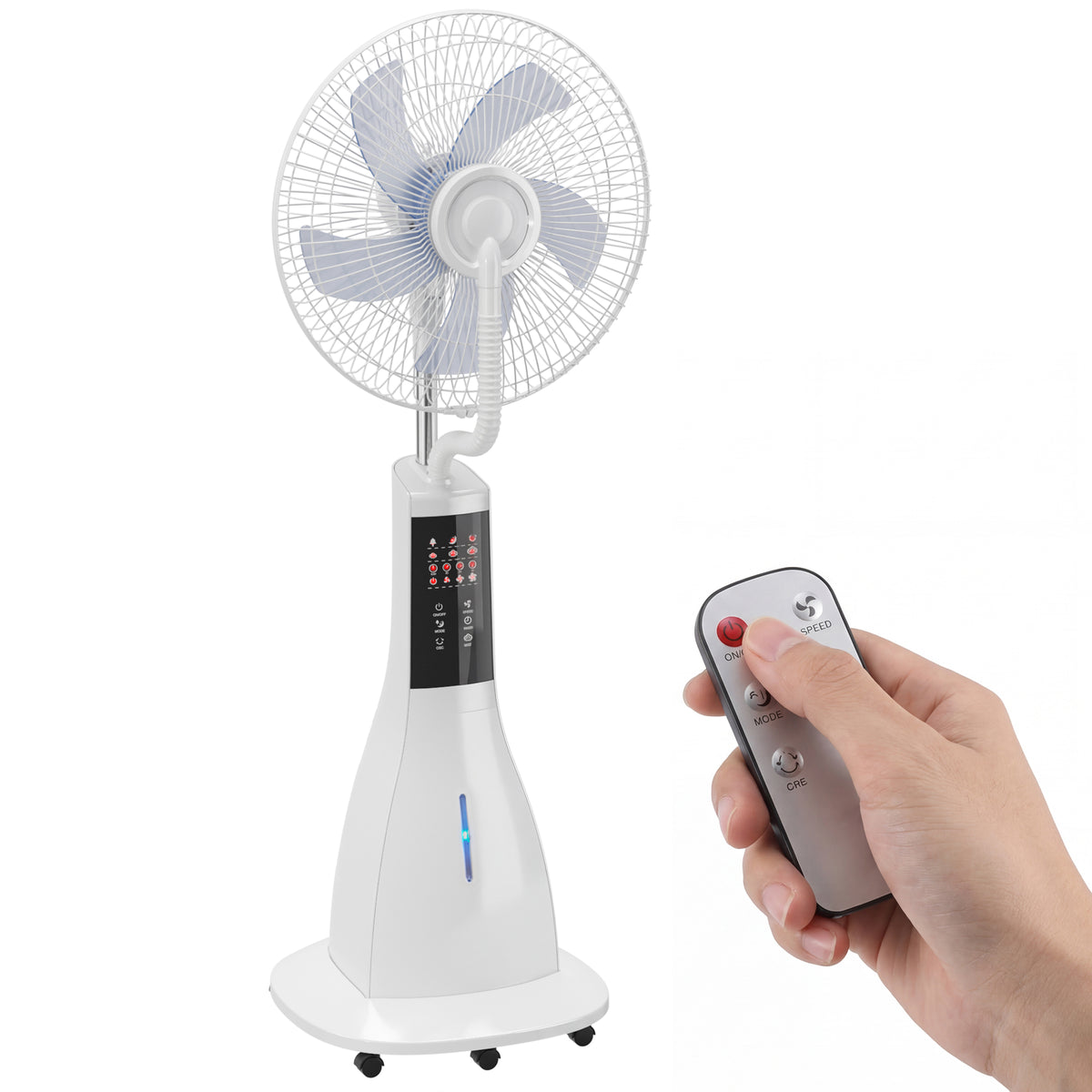 Stehventilator mit Wassernebel, 75° Oszillation, 3 Geschwindigkeiten, 3 Modi, Weiß
