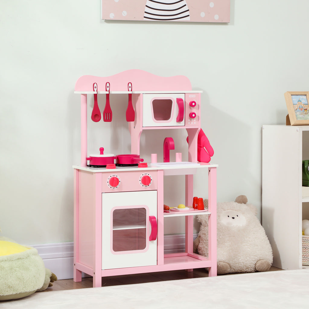 Kinderk¨¹che zum Spielen, Zubeh?r aus Holz, K¨¹chenger?te, kompakt, Ger?usche, Rosa