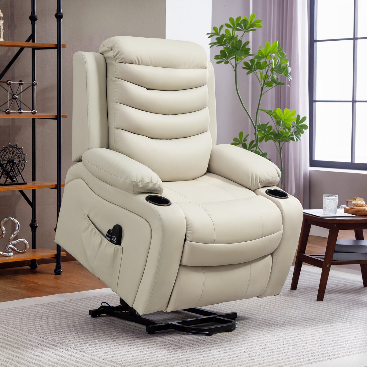 Fernsehsessel Relaxsessel Elektrisch mit Aufstehhilfe, Massage, Heizung, USB-Anschlüsse, PU, Creme