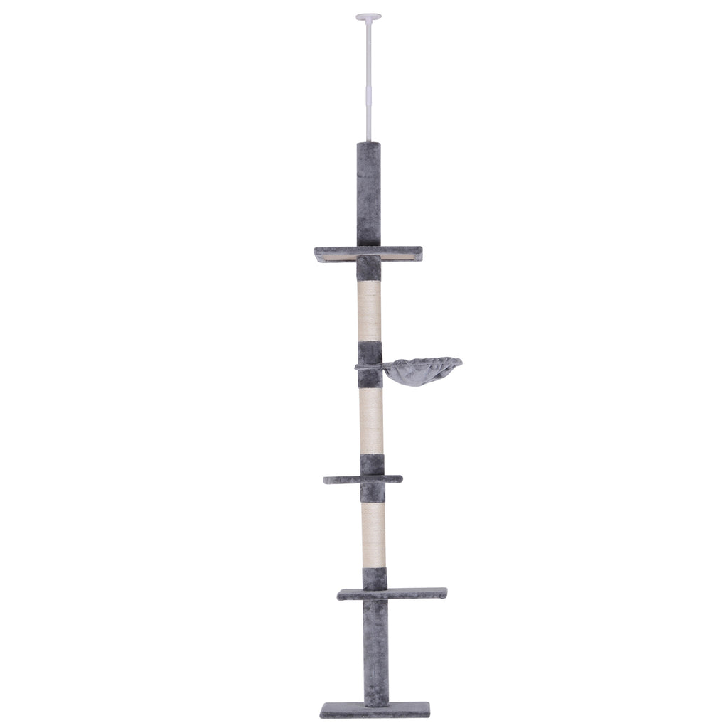 Floor to Ceiling Cat Tree 230-260cm Height Adjustable, 5-Tier Cat Tower with Scratching Posts, Hammock, Perches, Climbing Activity Centre for Indoor Kittens Playing and Relaxing, Grey