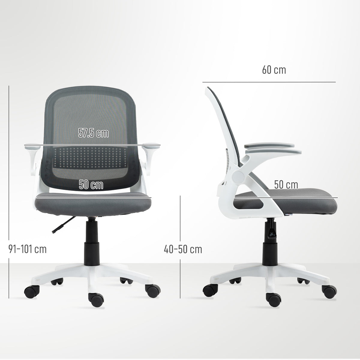 Atmungsaktiver Mesh-Bürostuhl, Ergonomischer Drehstuhl mit klappbaren Armlehnen und Lendenwirbelstütze, Grau