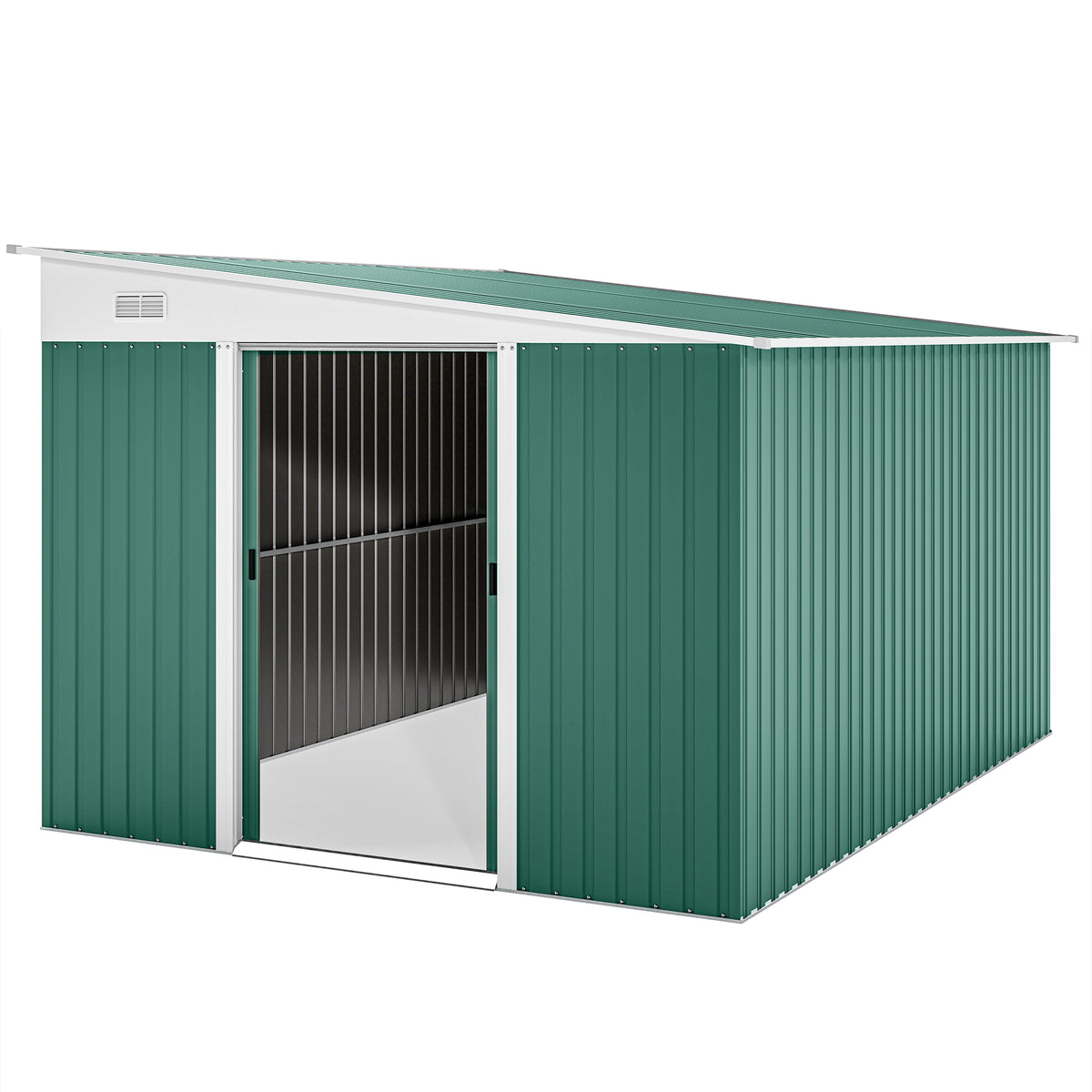 Garden Metal Storage Shed Outdoor Metal Tool House with Double Sliding Doors and 2 Air Vents, 11.3x9.2ft, Green