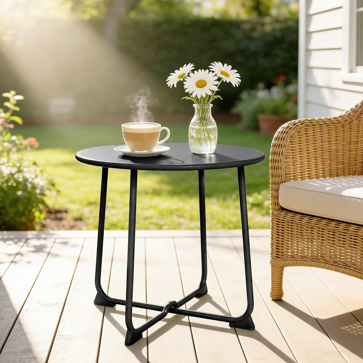 50 cm Runder Outdoor-Tisch, Metall Gartencouchtisch mit X-förmigem Gestell und rutschfesten Füßen, Schwarz
