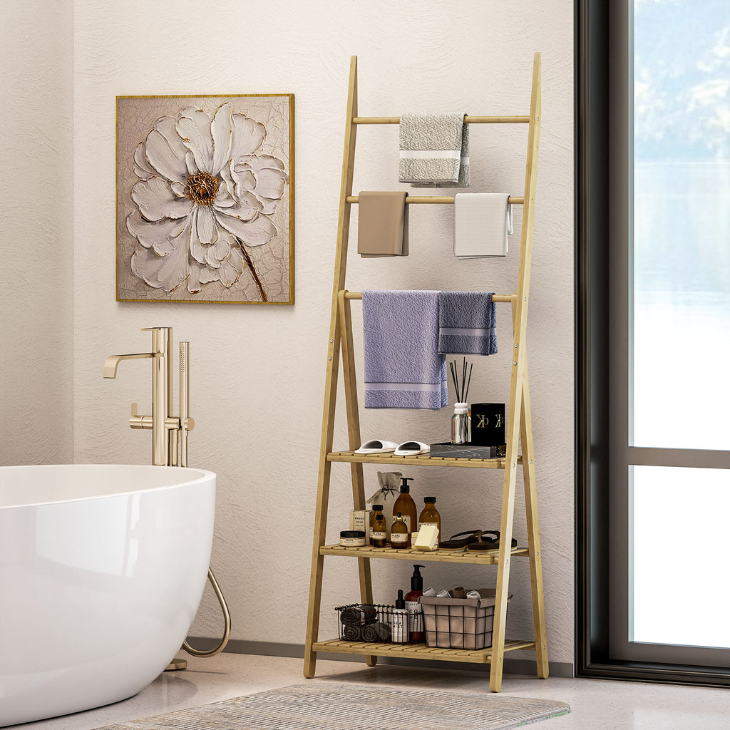 Three-Shelf Bamboo Storage Unit, with Towel Racks - Natural Finish