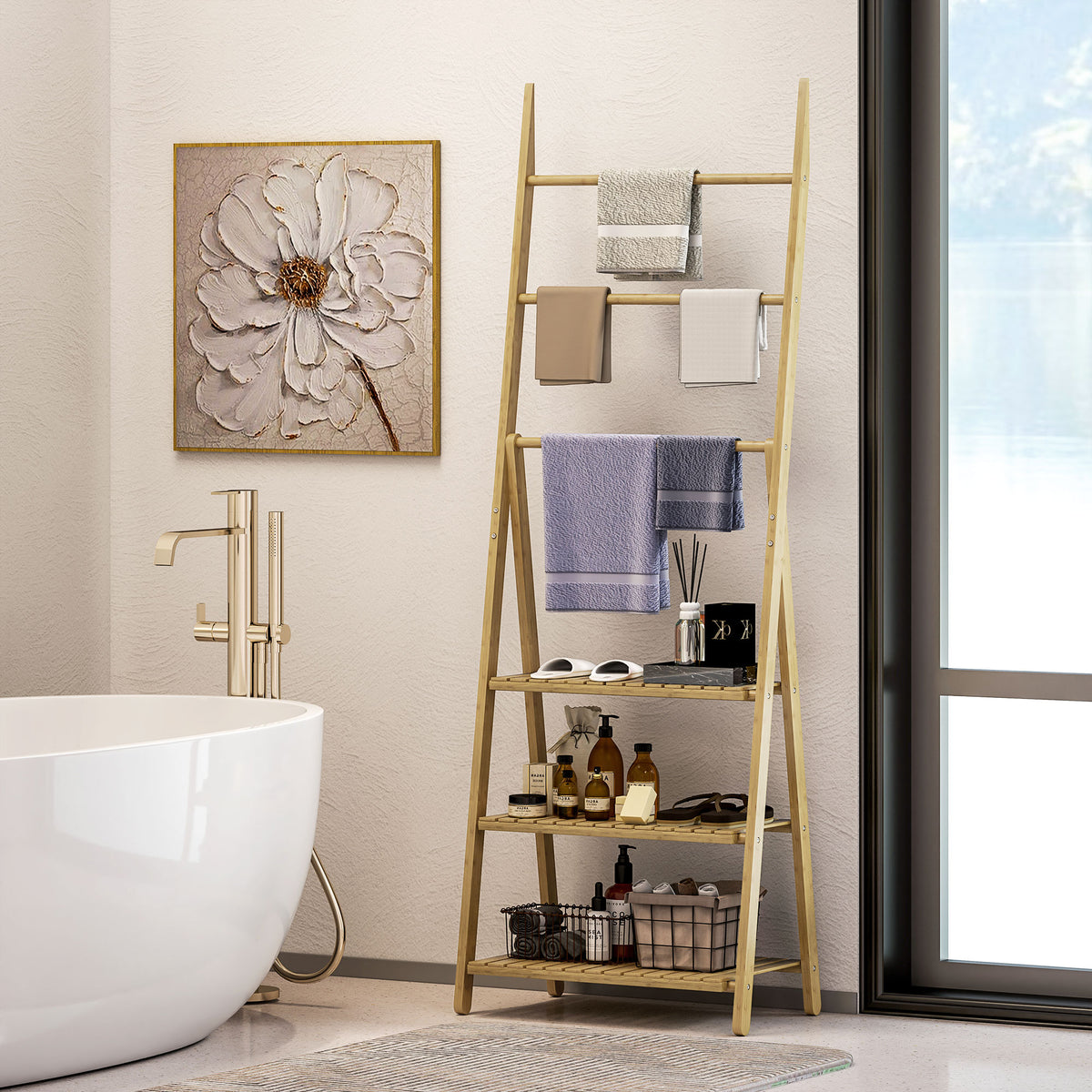 Three-Shelf Bamboo Storage Unit, with Towel Racks - Natural Finish