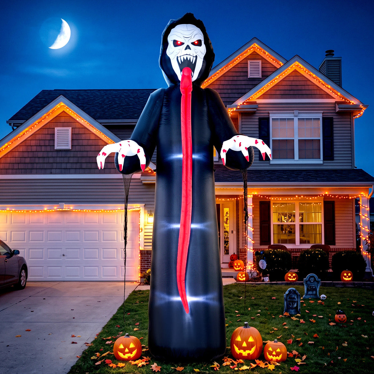 Aufblasbares Halloween-Skelett, 310 cm, mit integrierten LED-Lichtern, gruselige Deko für Innen- und Außenbereich