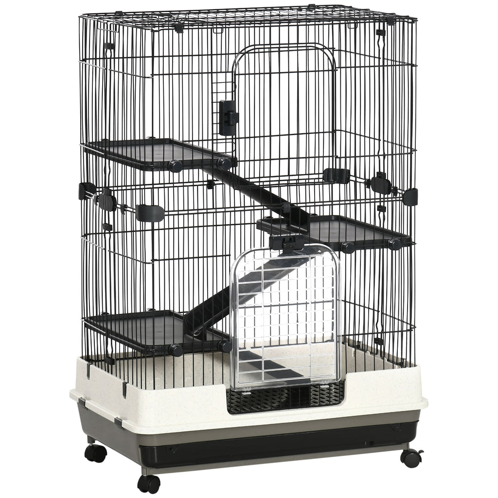 Four-Tier Small Animal Cage, for Bunnies, Ferrets, Chinchillas w/ Wheels, Tray - Black