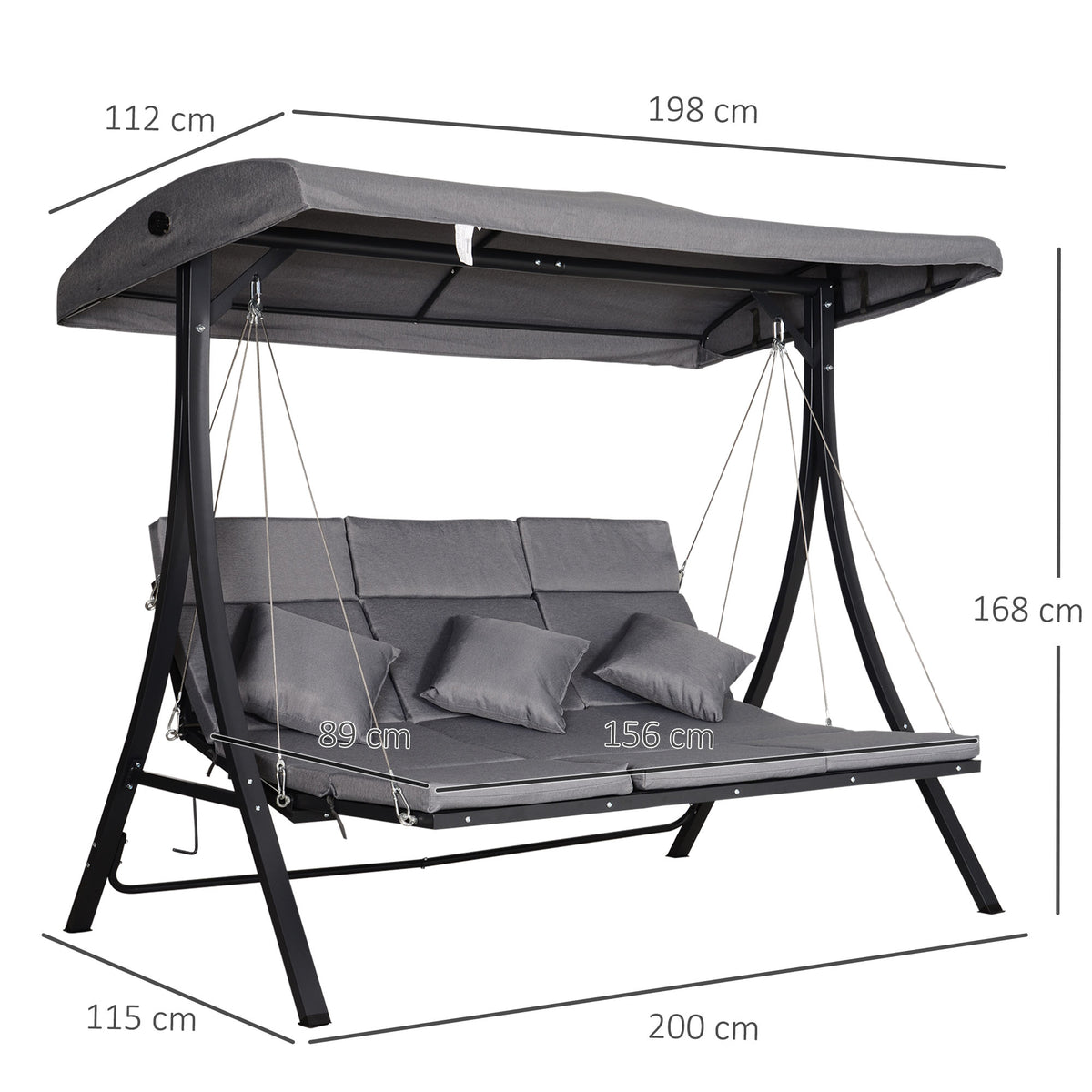 Hollywoodschaukel 3-Sitzer-Hollywoodschaukel, inkl. Kissen, wetterbeständig, 200 cm x 115 cm x 168 cm, Grau