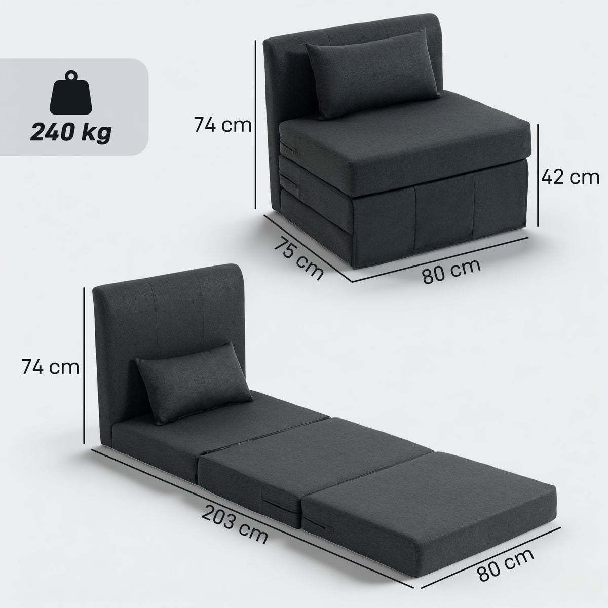 2-in-1 Schlafsessel Klappbares Sofa-Bett mit Leinenstruktur, Gepolstertes Gästebett Klappstuhl, Dunkelgrau