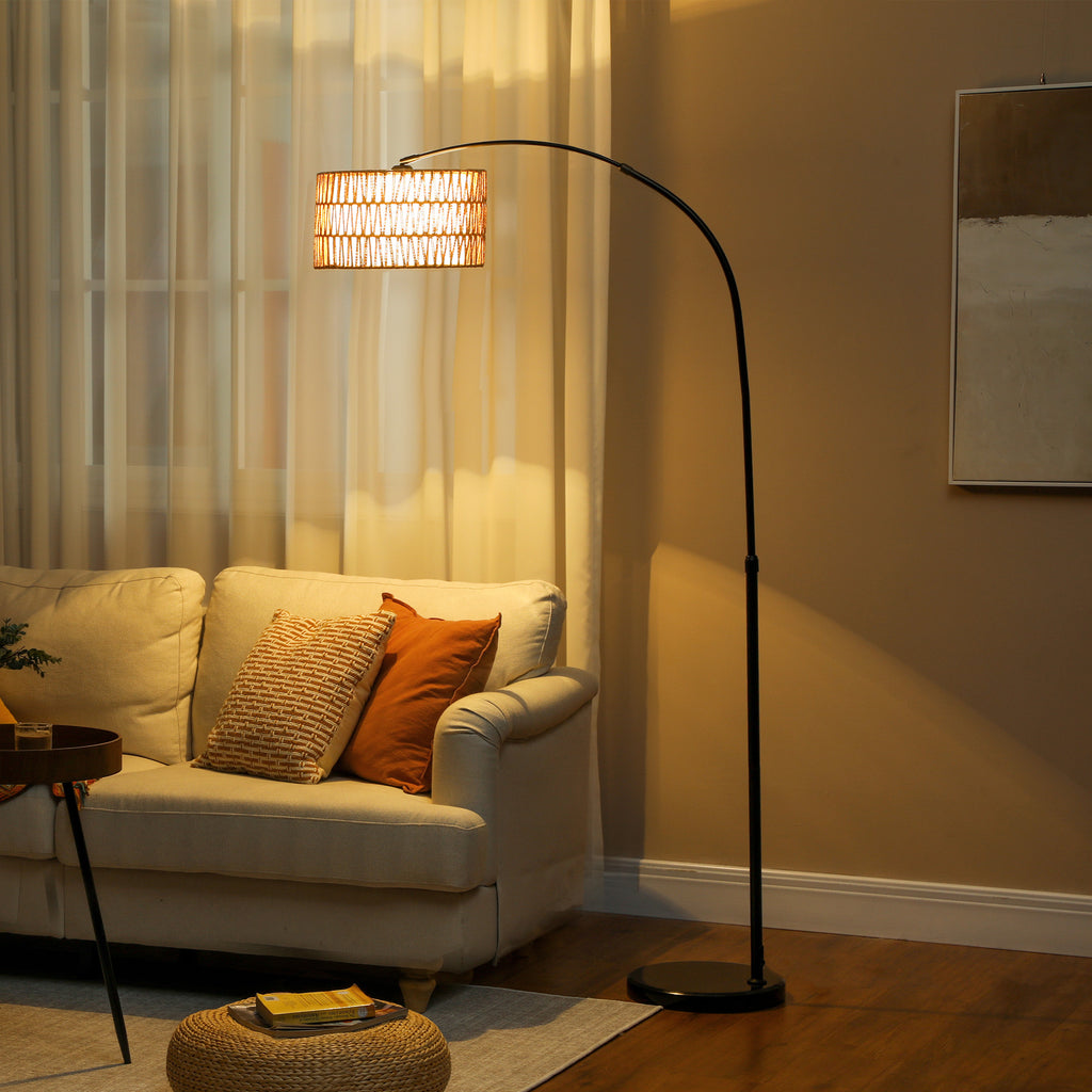 Stehlampe mit Hanfseil-Schirm, höhenverstellbar, Fußschalter, Metall, Schwarz