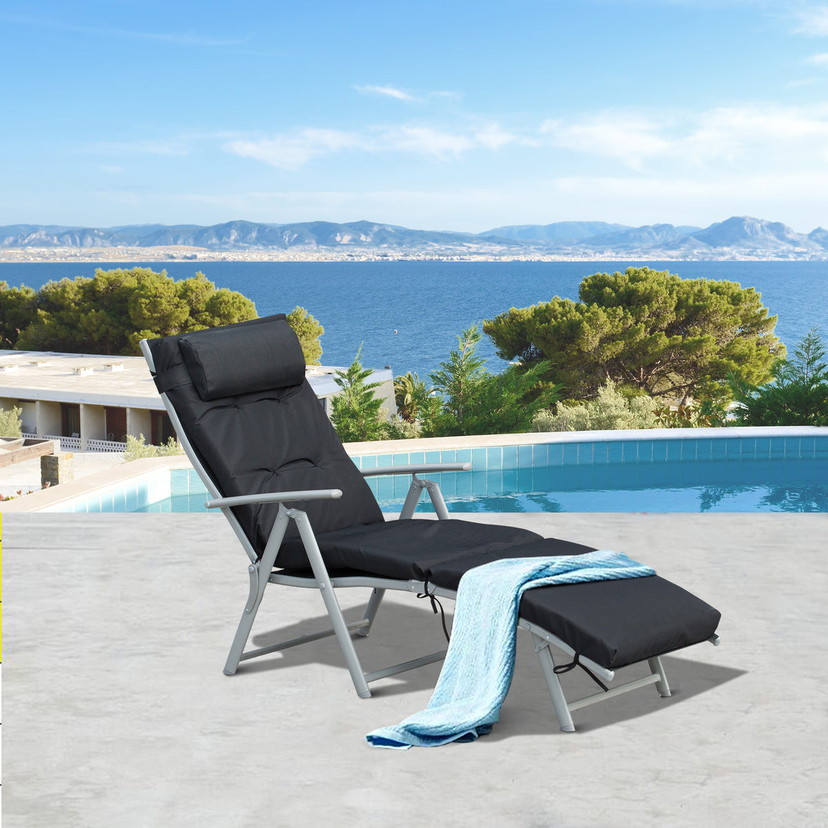 Sonnenliege klappbar Strandliege mit Kopfkissen Sitzkissen Liegestuhl mit 7-Fach verstellbare R¨¹ckenlehne Gartenliege Relaxliege bis 165 kg belastbar, f¨¹r Garten Urlaub Outdoor, Schwarz