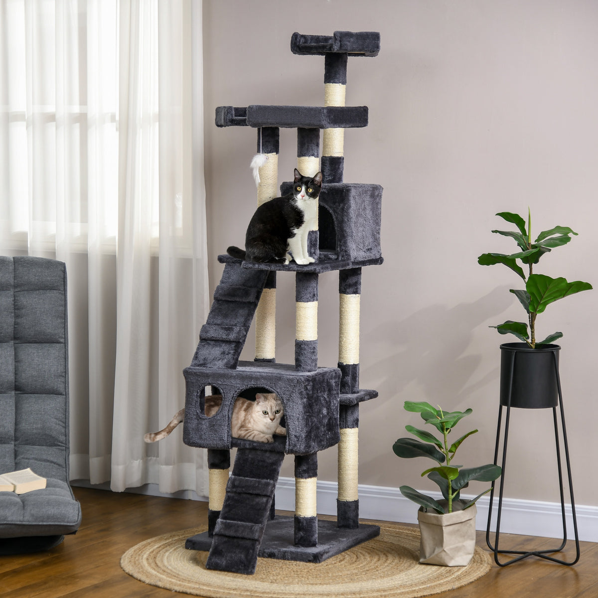 173cm Cat Tree Scratching House, Activity Play Centre, Charcoal Grey