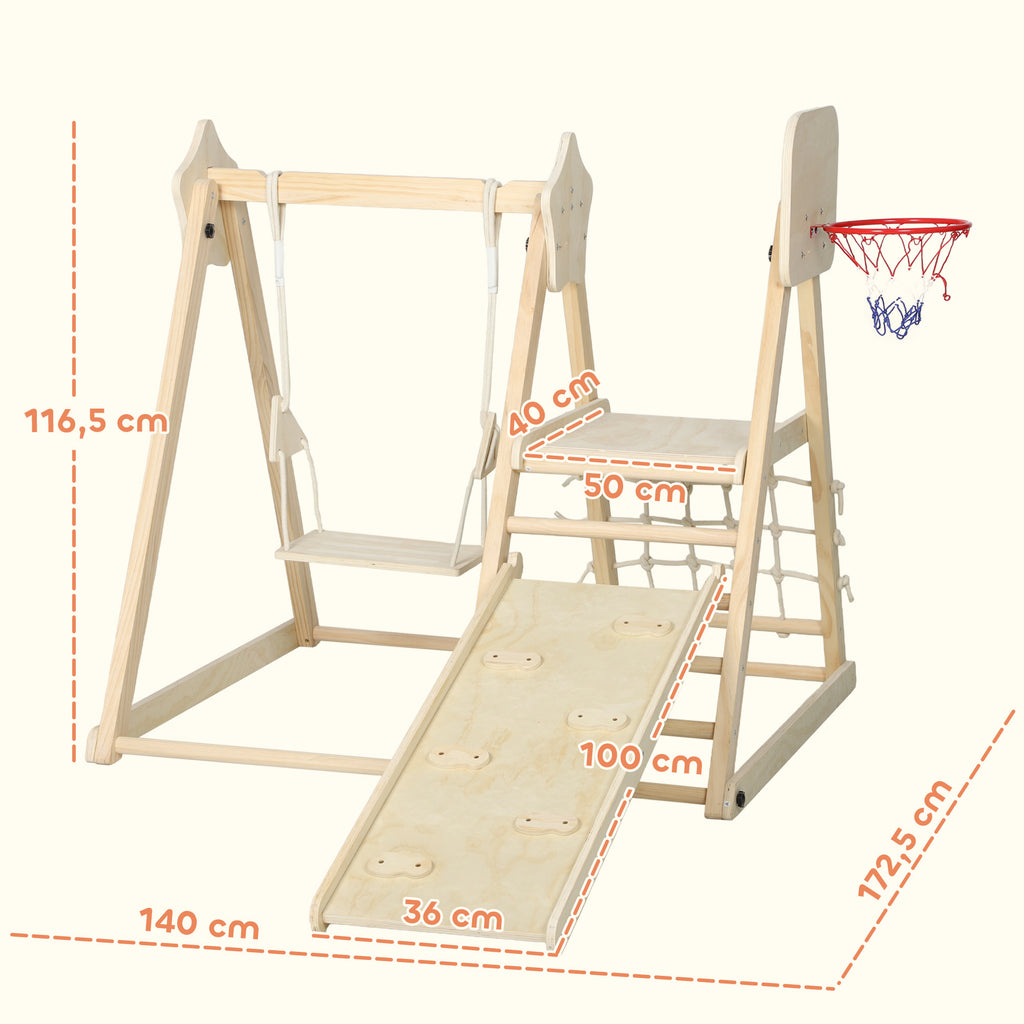 5-in-1 Indoor-Kletterger¨¹st mit Rutsche, Schaukel, Kletternetz, Basketballkorb, klappbar, 3-6 Jahre, Naturholz