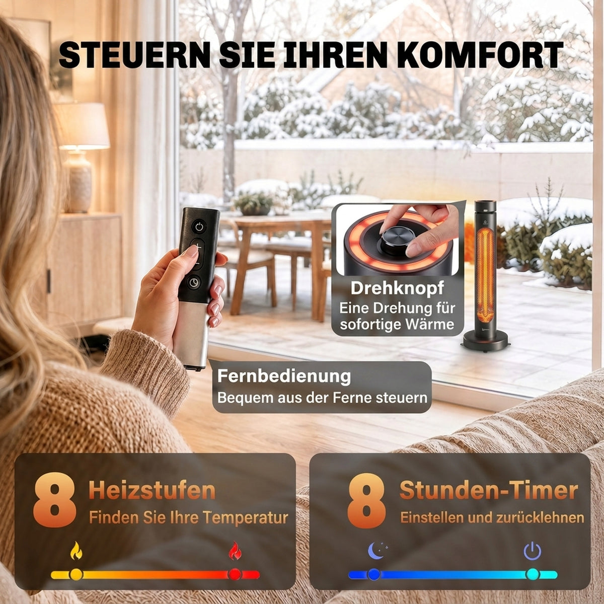 Infrarot Heizstrahler 2000W Carbonfaser oszillierender Standheizstrahler mit Fernbedienung 8 Heizstufen Schutzhülle