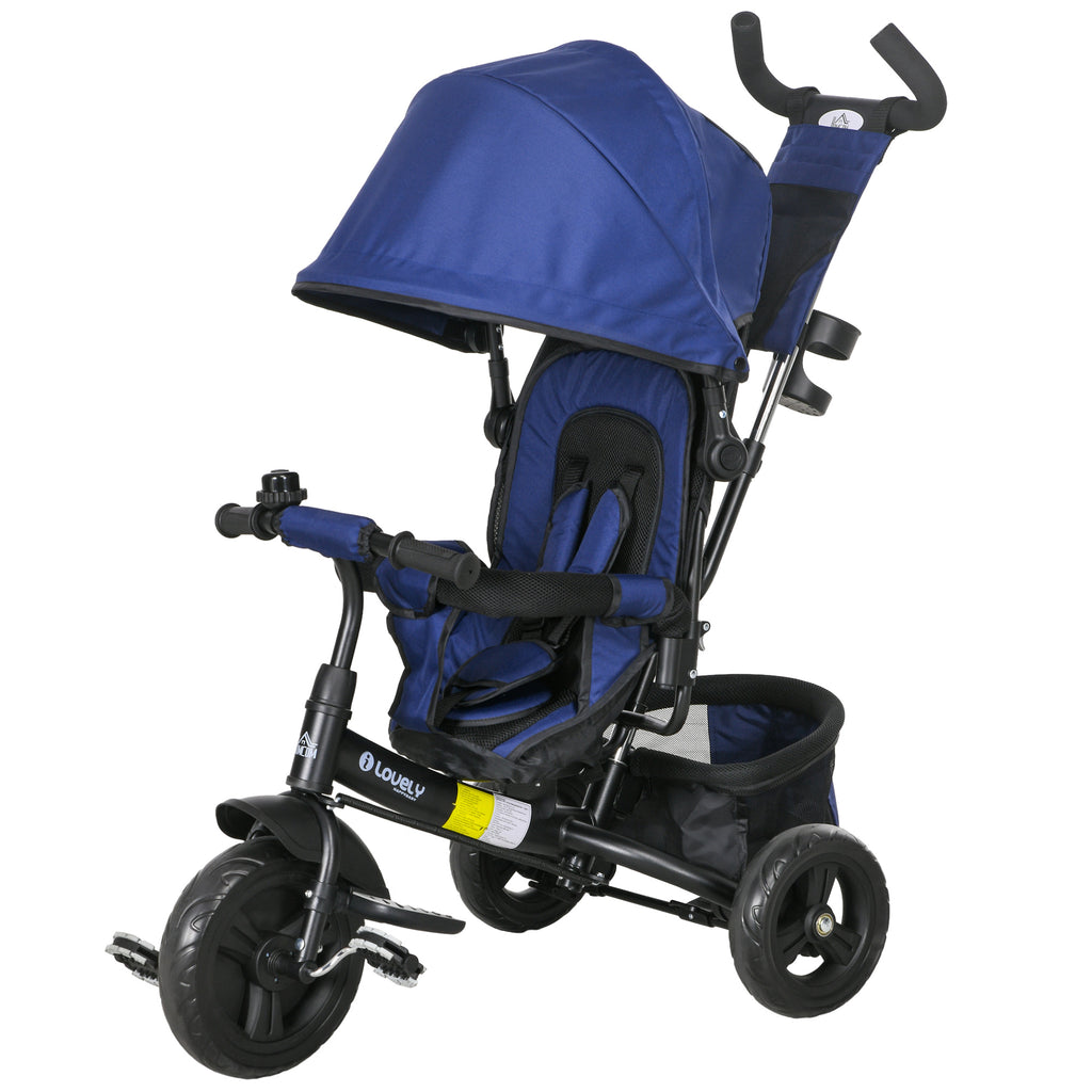 6 in 1 Kids Trike with Parent Handle, Canopy, 5-point Seat Belt, Storage, Footrest, Brake, for 1-5 Years, Dark Blue