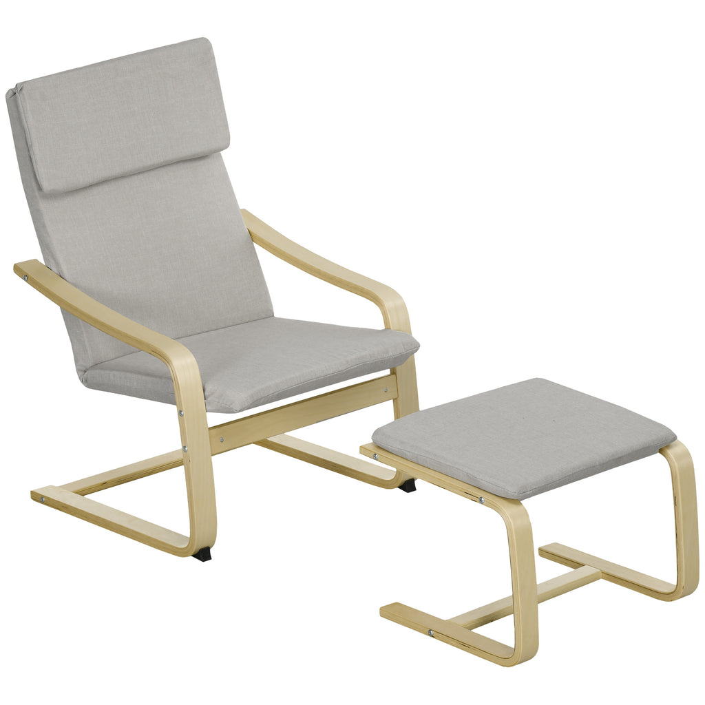Loungesessel mit Hocker, Bezug in Leinenoptik, Holzrahmen, bis 120 kg, Hellgrau/Natur