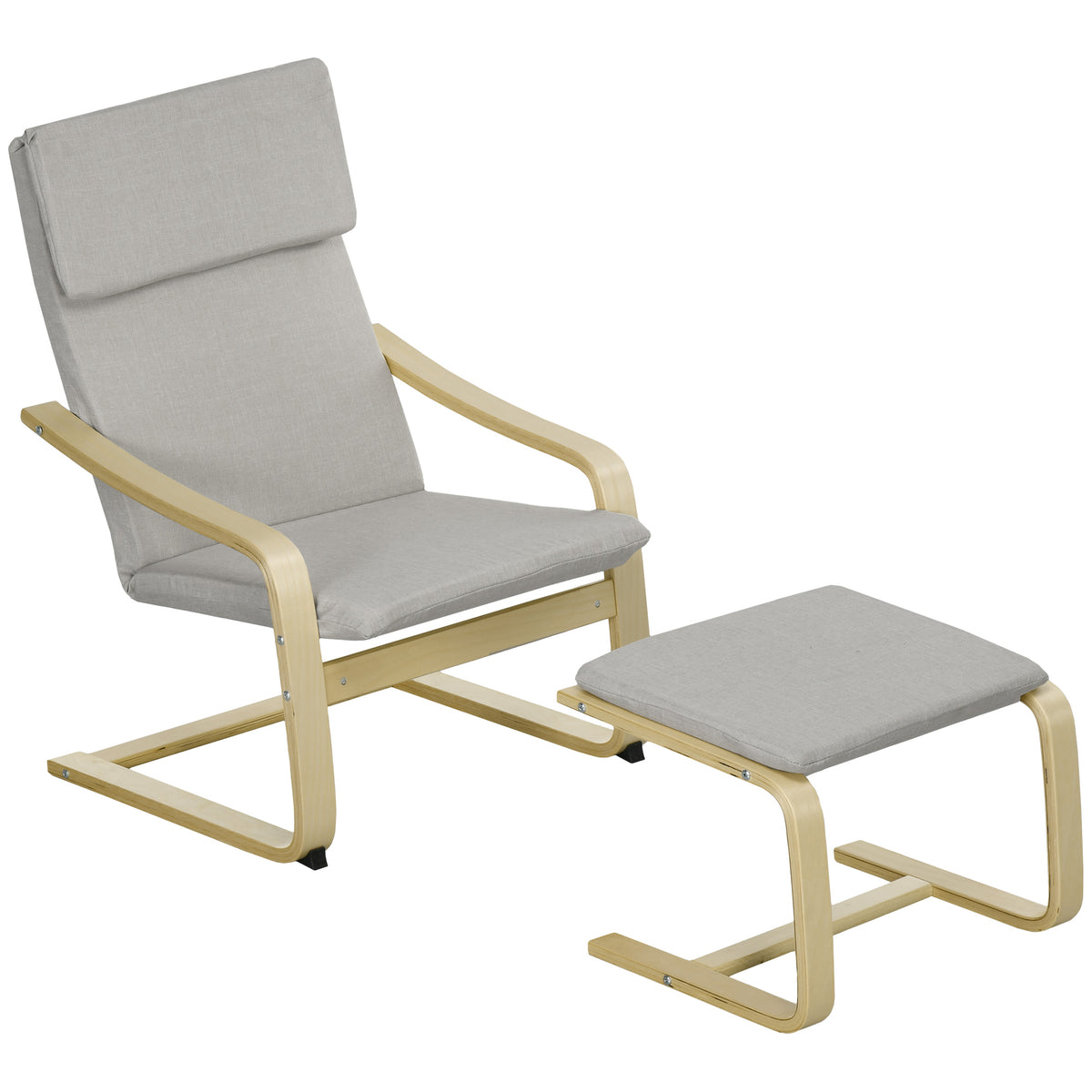 Loungesessel mit Hocker, Bezug in Leinenoptik, Holzrahmen, bis 120 kg, Hellgrau/Natur