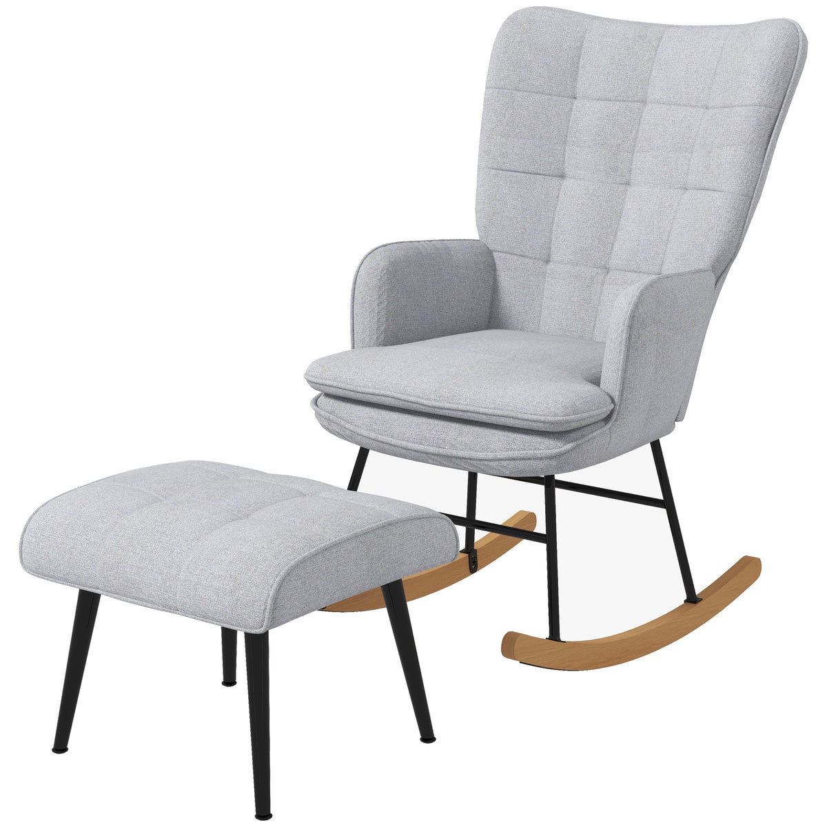 Schaukelstuhl mit Ottomane Skandidesign Schaukelstuhl mit Fußhocker, Buchenholz, Steppung, 64 cm x 89 cm x 90 cm Grau