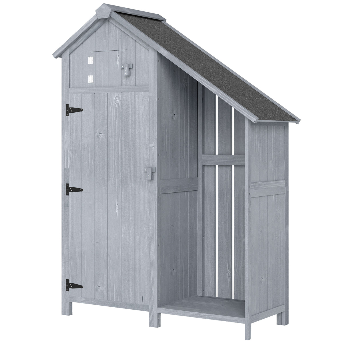 Garden Outdoor Storage Shed 3 Shelves Tilt Roof w/ Firewood Rack Log Carrier, 129L x 51.5W x 180H cm