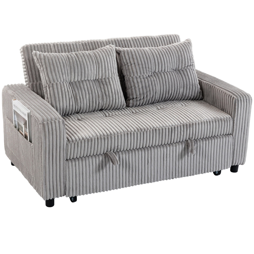 2-Sitzer Sofabett, Cordbezug, zum Schlafsofa umwandelbar, 2 Kissen, Seitentaschen, 157 x 190 cm, Hellgrau