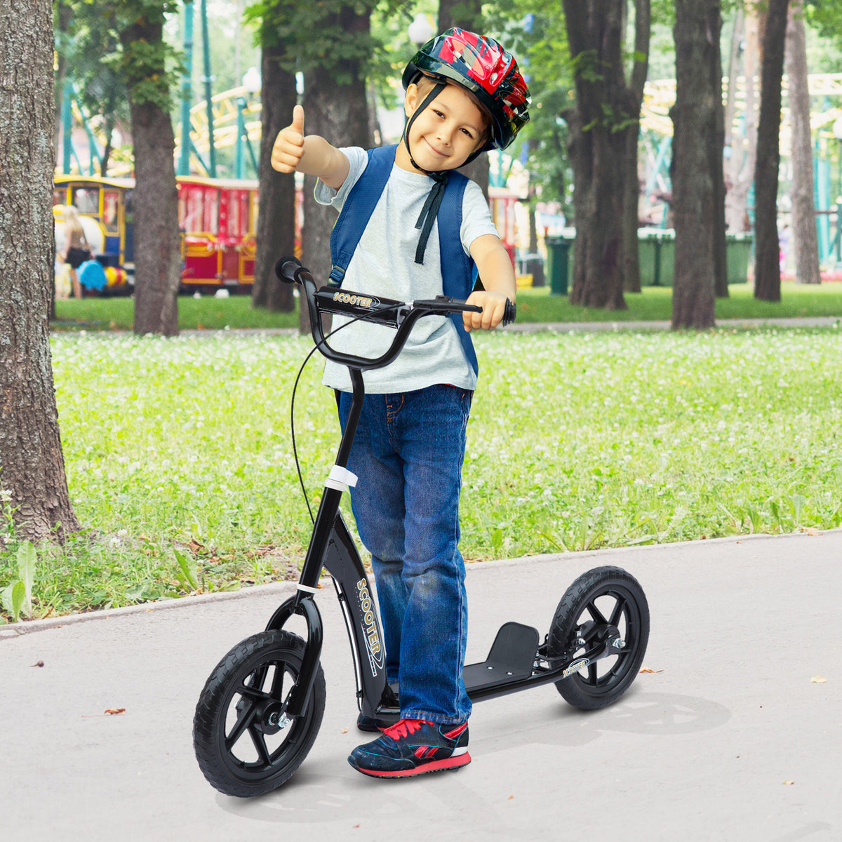 Kids Scooter Kick Scooter, with 12" EVA Tyres, Rear Brake, Big Wheels Scooter for 5-12 Years , Black