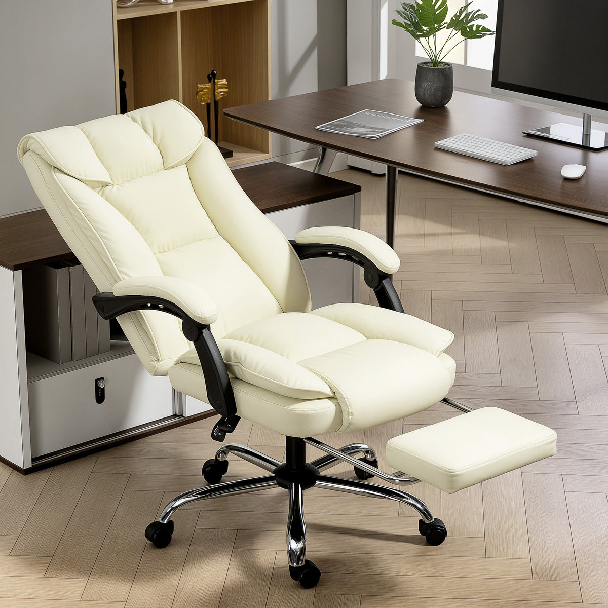 Ergonomischer Bürostuhl mit Fußstütze, Kunstleder-Bezug, rollbar, drehbar, Metall, Beige+Schwarz