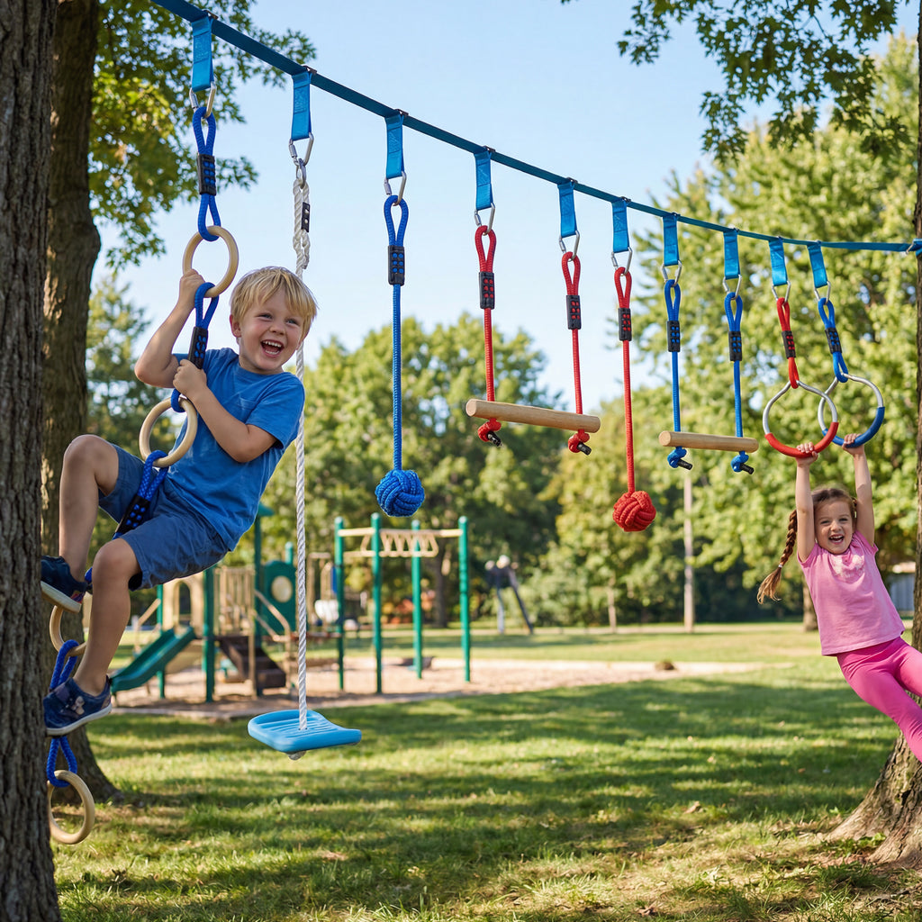 Ninja Line Kinder 10m 9-teilig Slackline Set mit 2 Turnringe 3-in-1 Schaukel 2 Kletterstange für 3-8 Jahre Mehrfarbig