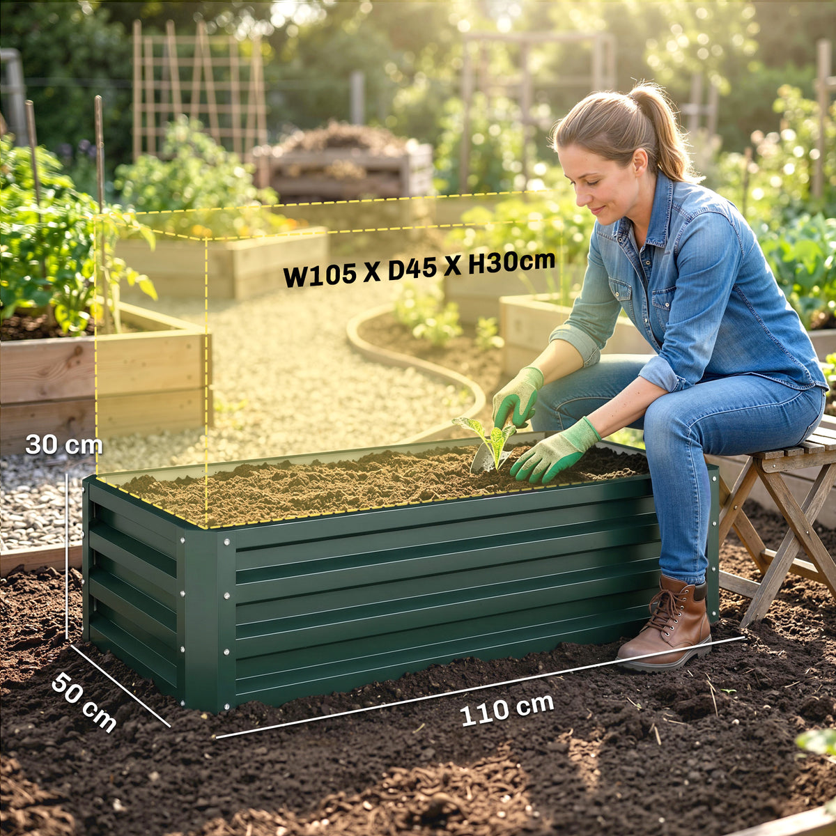 Set of Two 110 x 50 cm Steel Planter Boxes - Green