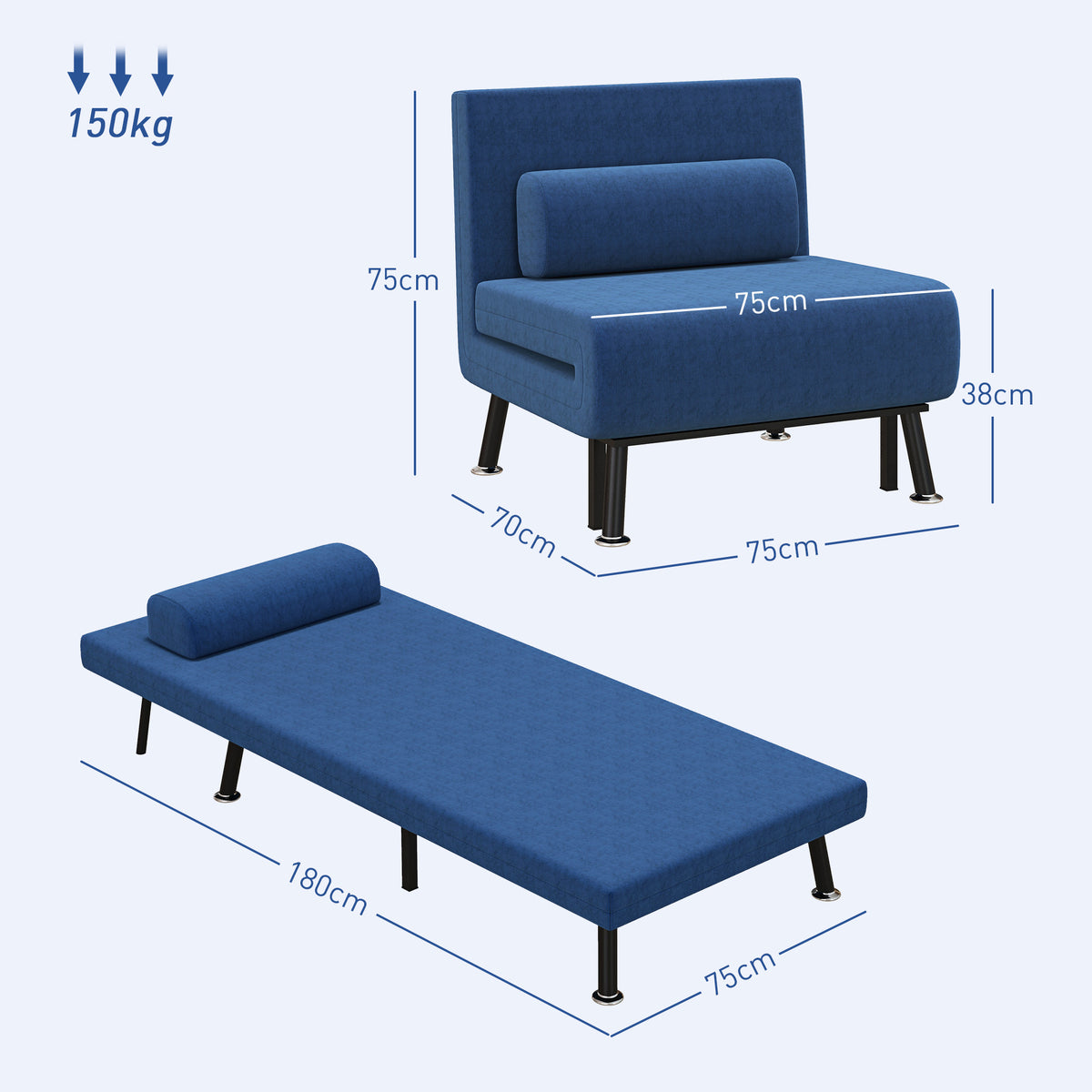 Klappsessel mit Bettfunktion, klappbarer Relaxsessel in Leinenoptik, Verstellbare R¨¹ckenlehne, 75x70x75 cm, Dunkelblau