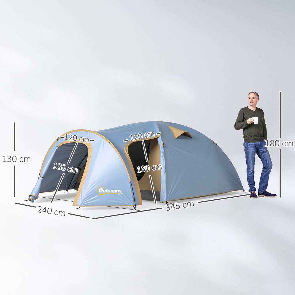 Campingzelt für 4 Personen, wasserdicht Tunnelzelt mit 2 Türen Haken Packtasche 3,45 x 2,4 x 1,3 m Hellblau