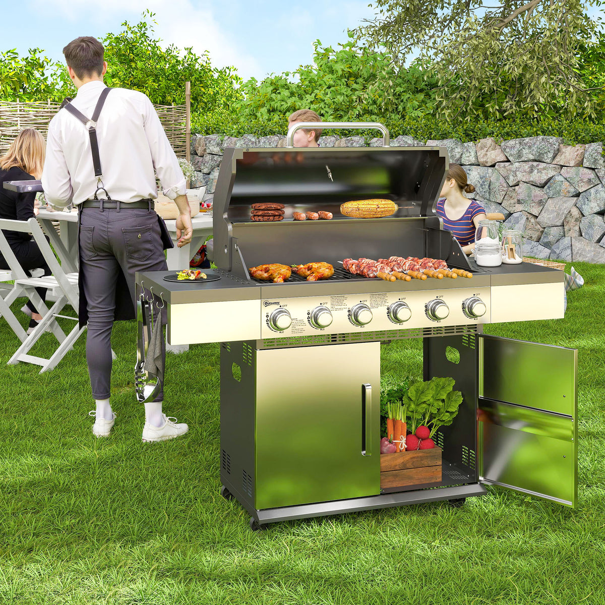 Gasgrill 2,49 kW Grillwagen inkl 6 Edelstahl-Brenner Thermometer Druckminderer 143 x 55 x 110 cm Silber