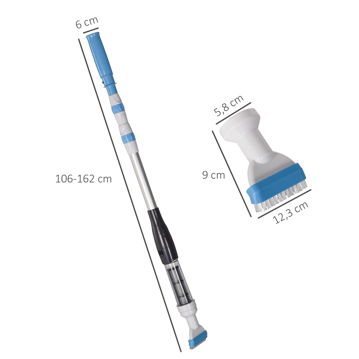 Poolsauger, kabbellos, 80 Min. Betrieb, geringes Gewicht: 800g, 19L Wasser/Minute, Aluminium, Ф6 x 106-162 cm