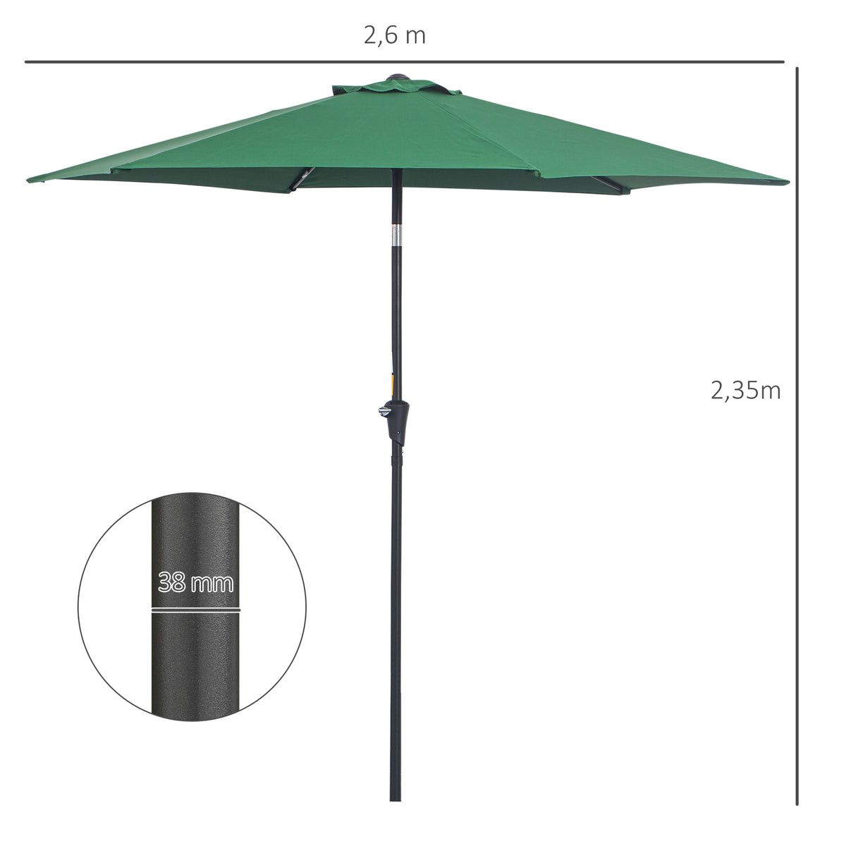  Knickschirm Sonnenschirm Gartenschirm Marktschirm mit Handkurbel Alu 180/㎡ Polyester Dunkelgrün ∅2,6 x 2,35 m